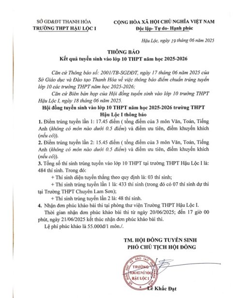 THÔNG BÁO KẾT QUẢ TUYỂN SINH LỚP 10 THPT NĂM HỌC 2025 - 2026 THPT HẬU LỘC I.jpg